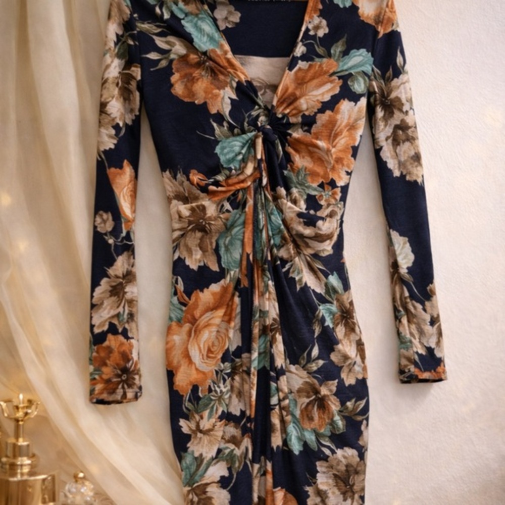 Privy Floral Ruched Bodycon Dress | Navy Multi | Tie Front | Feminine Vaca Glam